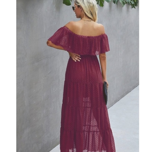 Burgandy Summer Off-Shoulder Maxi Dress Sheer - Picture 3 of 4
